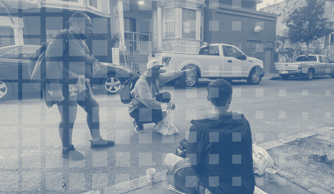 Graphic that includes photo of 2 San Francisco street medicine team members speaking with a young man sitting on a sidewalk.