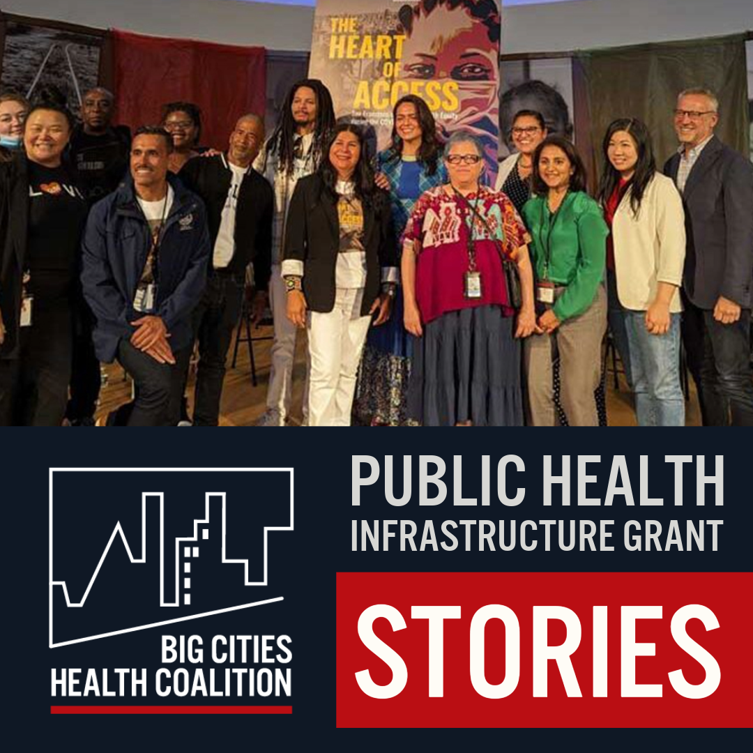Public Health Infrastructure Grant Stories graphic featuring photo of San Francisco Department of Public Health employees and community organization leaders at a film screening in the Tenderloin