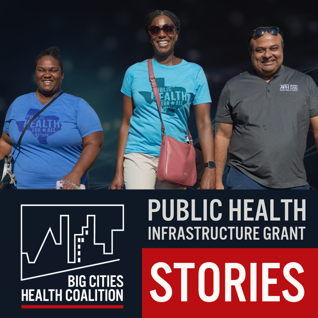 Three people smiling and walking toward camera. Their t-shirts read "Public Health for All, Y'all" and "Austin Public Health."