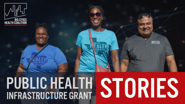 Three people smiling and walking toward camera. Their t-shirts read "Public Health for All, Y'all" and "Austin Public Health."